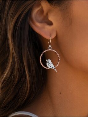 Bird Hoop Earrings • Rustic Copper & Silver Dangle Earrings
